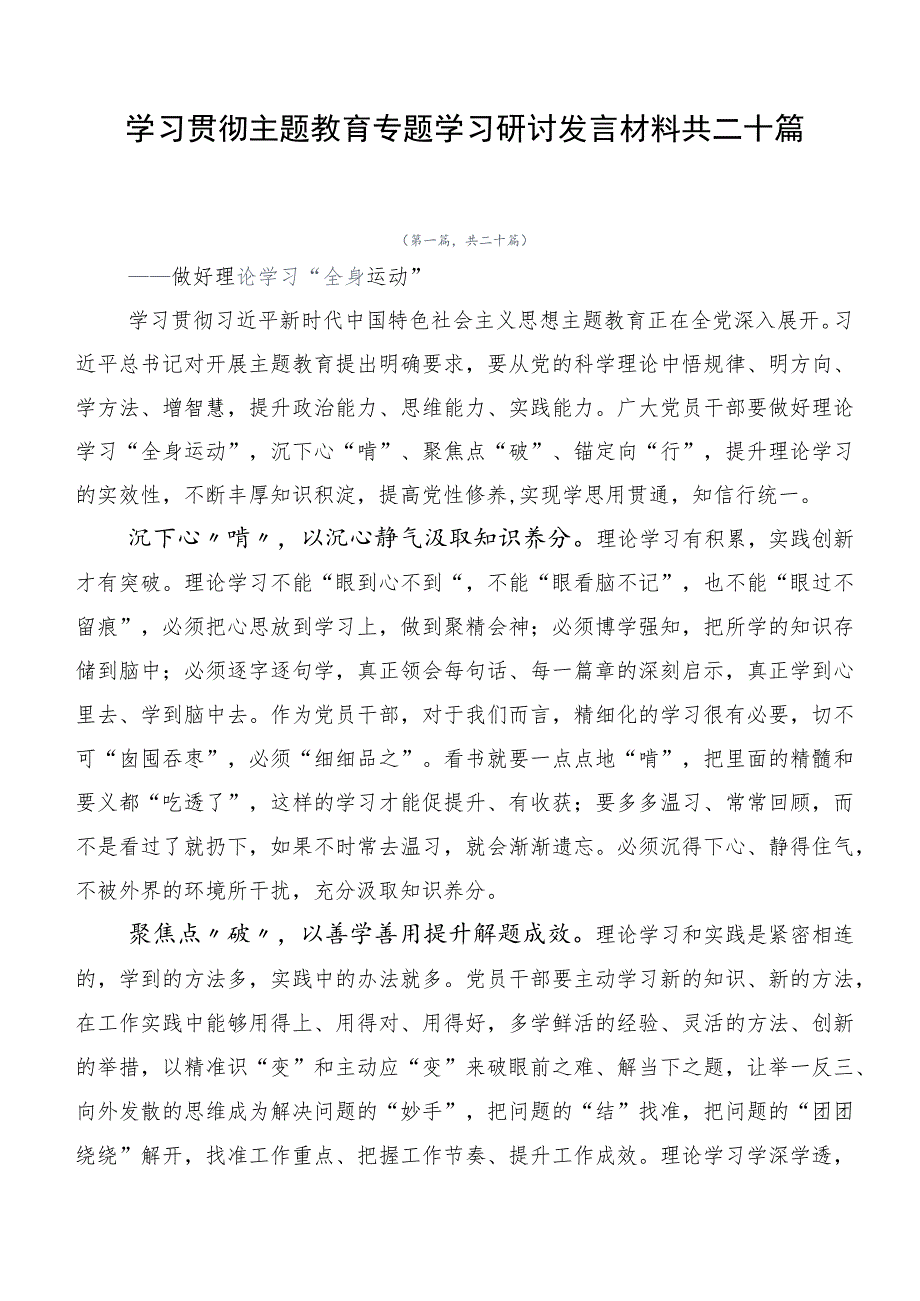 学习贯彻主题教育专题学习研讨发言材料共二十篇.docx_第1页