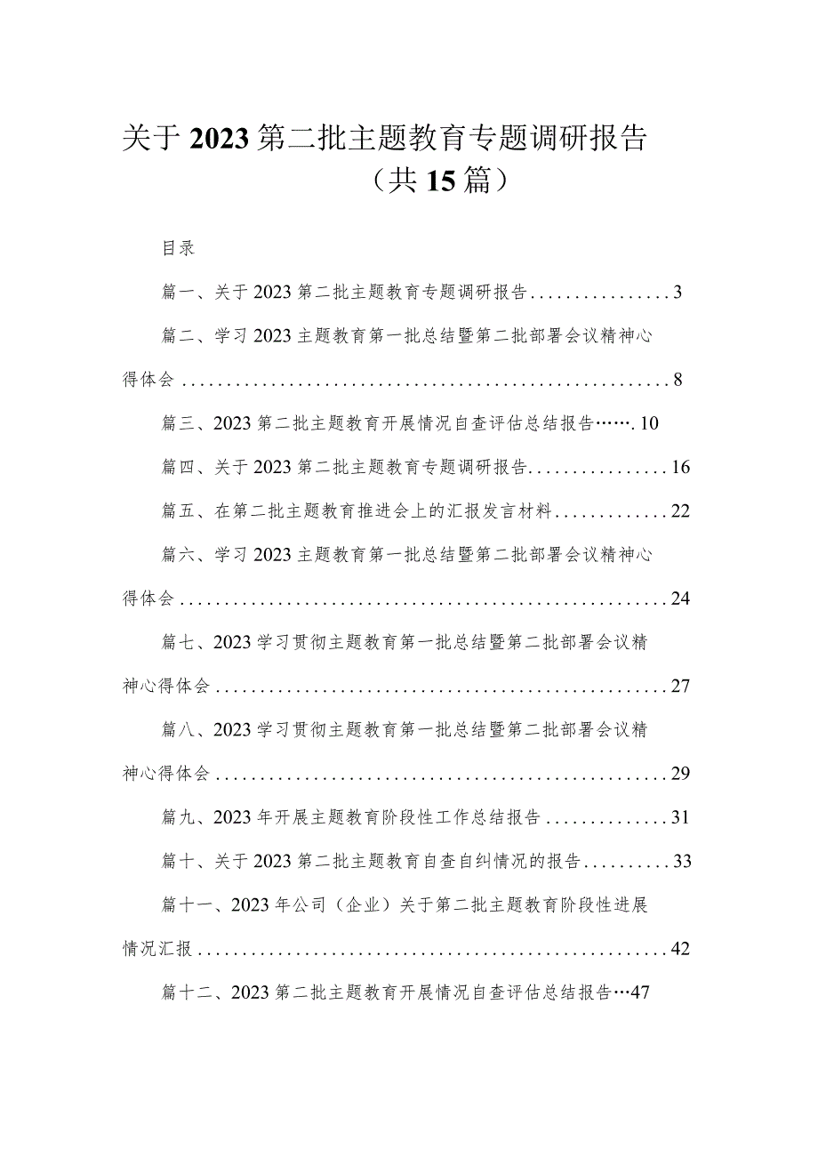 15篇关于2023第二批主题教育专题调研报告.docx_第1页