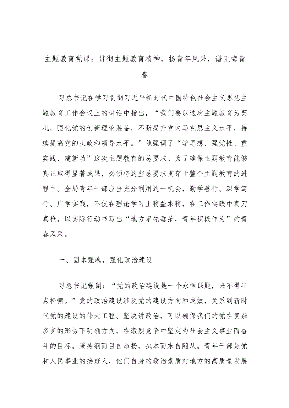 主题教育党课：贯彻主题教育精神扬青年风采谱无悔青春.docx_第1页