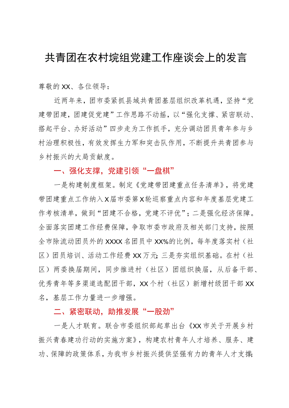 共青团在农村垸组党建工作座谈会上的发言.docx_第1页