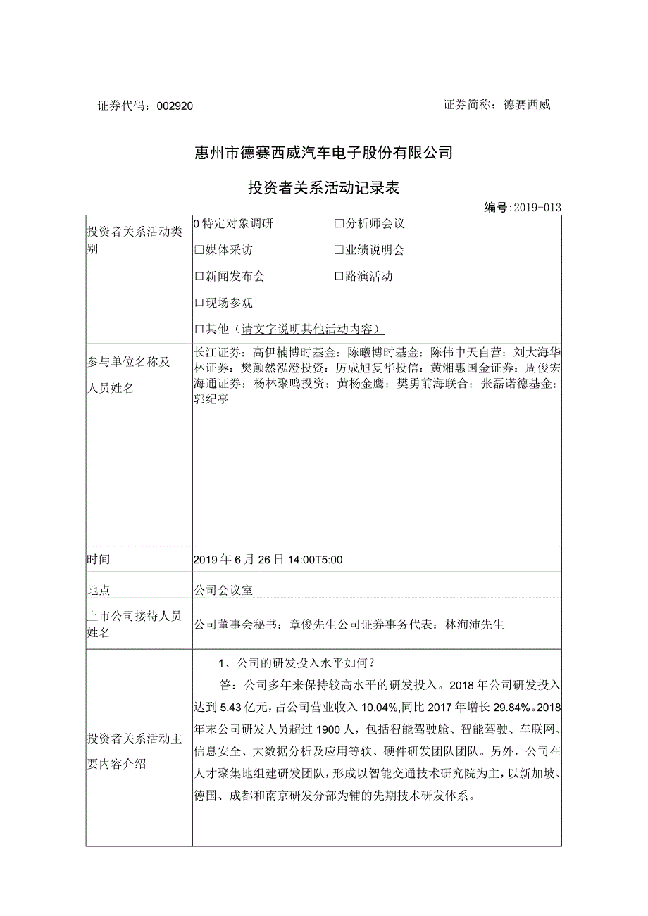 证券简称德赛西威惠州市德赛西威汽车电子股份有限公司投资者关系活动记录表.docx_第1页