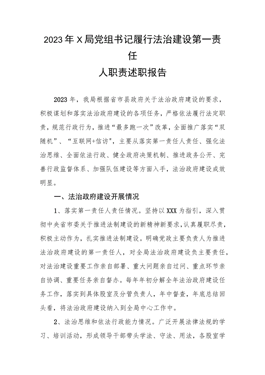 2023年X局党组书记履行法治建设第一责任人职责述职报告.docx_第1页