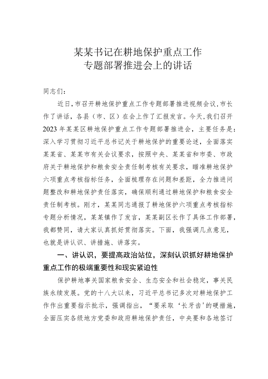 某某书记在耕地保护重点工作专题部署推进会上的讲话.docx_第1页