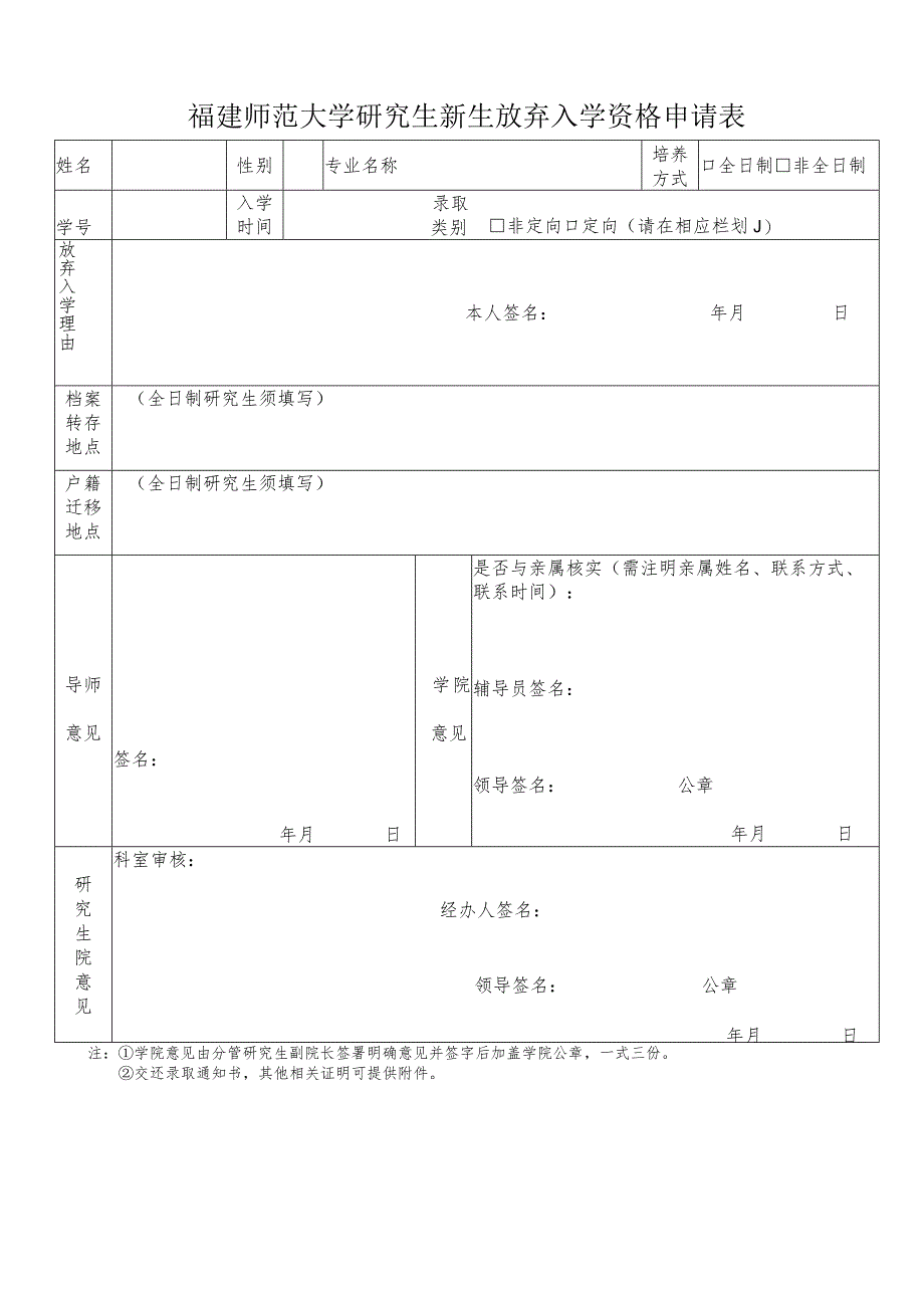 福建师范大学研究生新生放弃入学资格申请表.docx_第1页