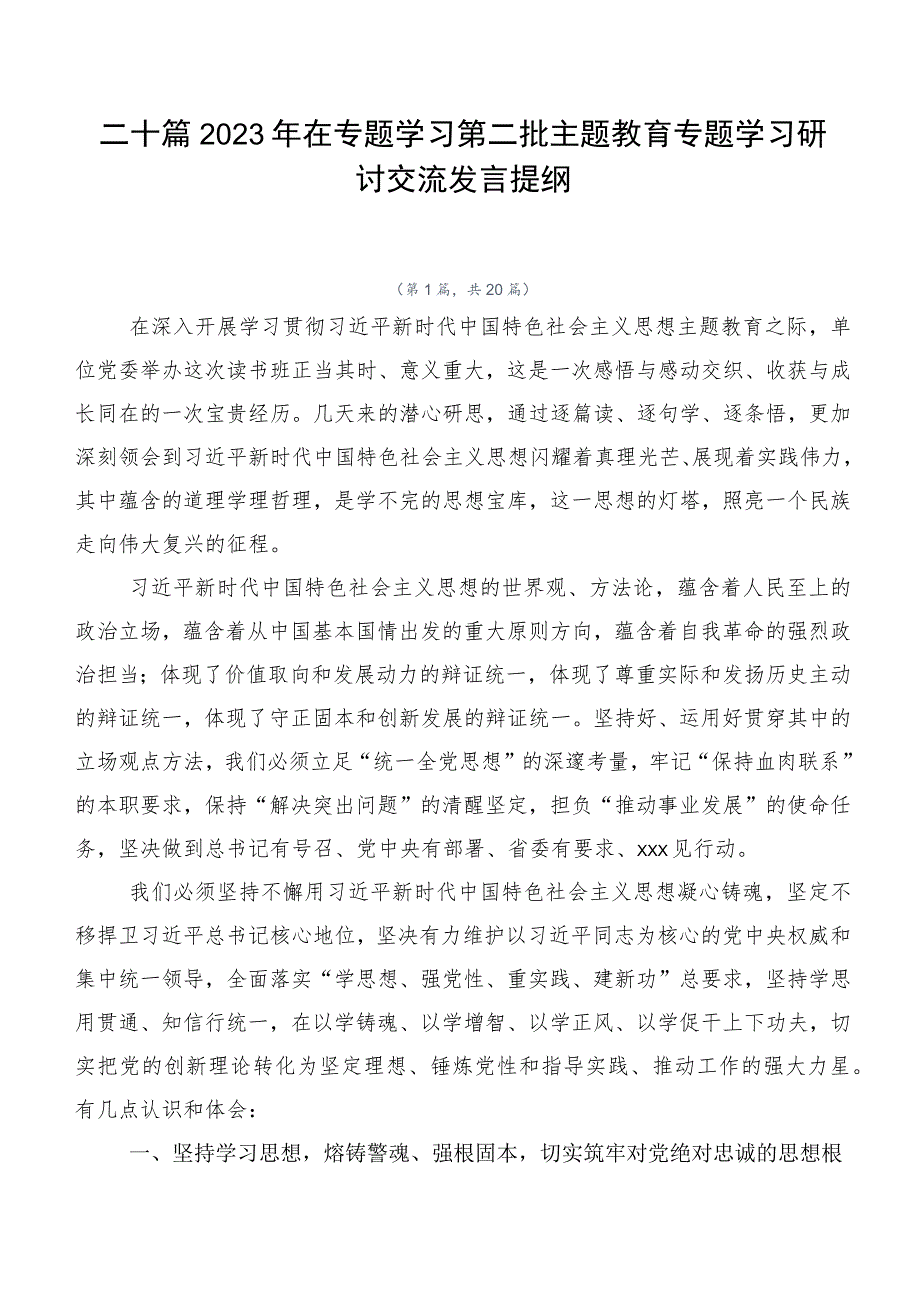 二十篇2023年在专题学习第二批主题教育专题学习研讨交流发言提纲.docx_第1页