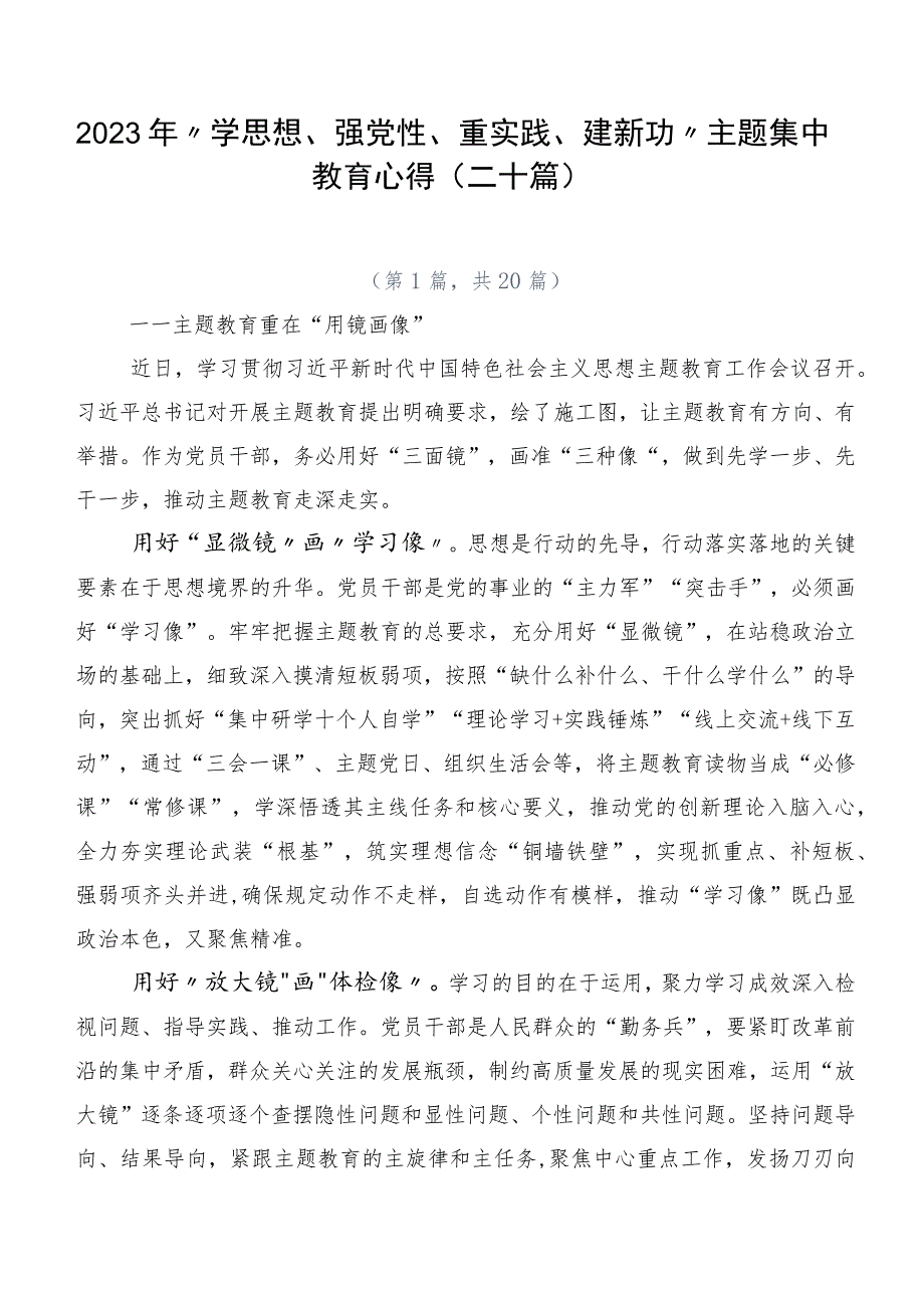 2023年“学思想、强党性、重实践、建新功”主题集中教育心得（二十篇）.docx_第1页