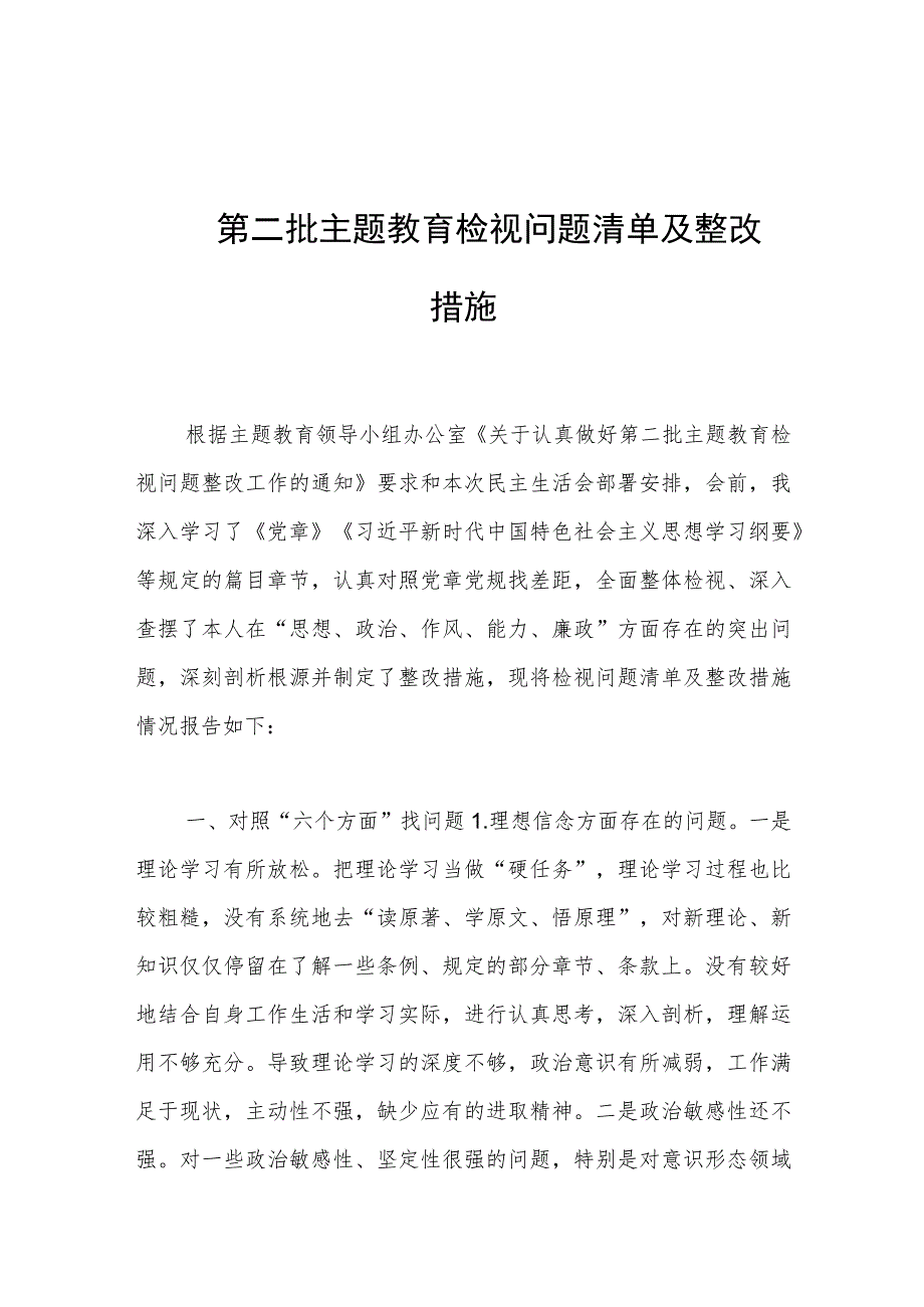 第二批主题教育检视问题清单及整改措施.docx_第1页