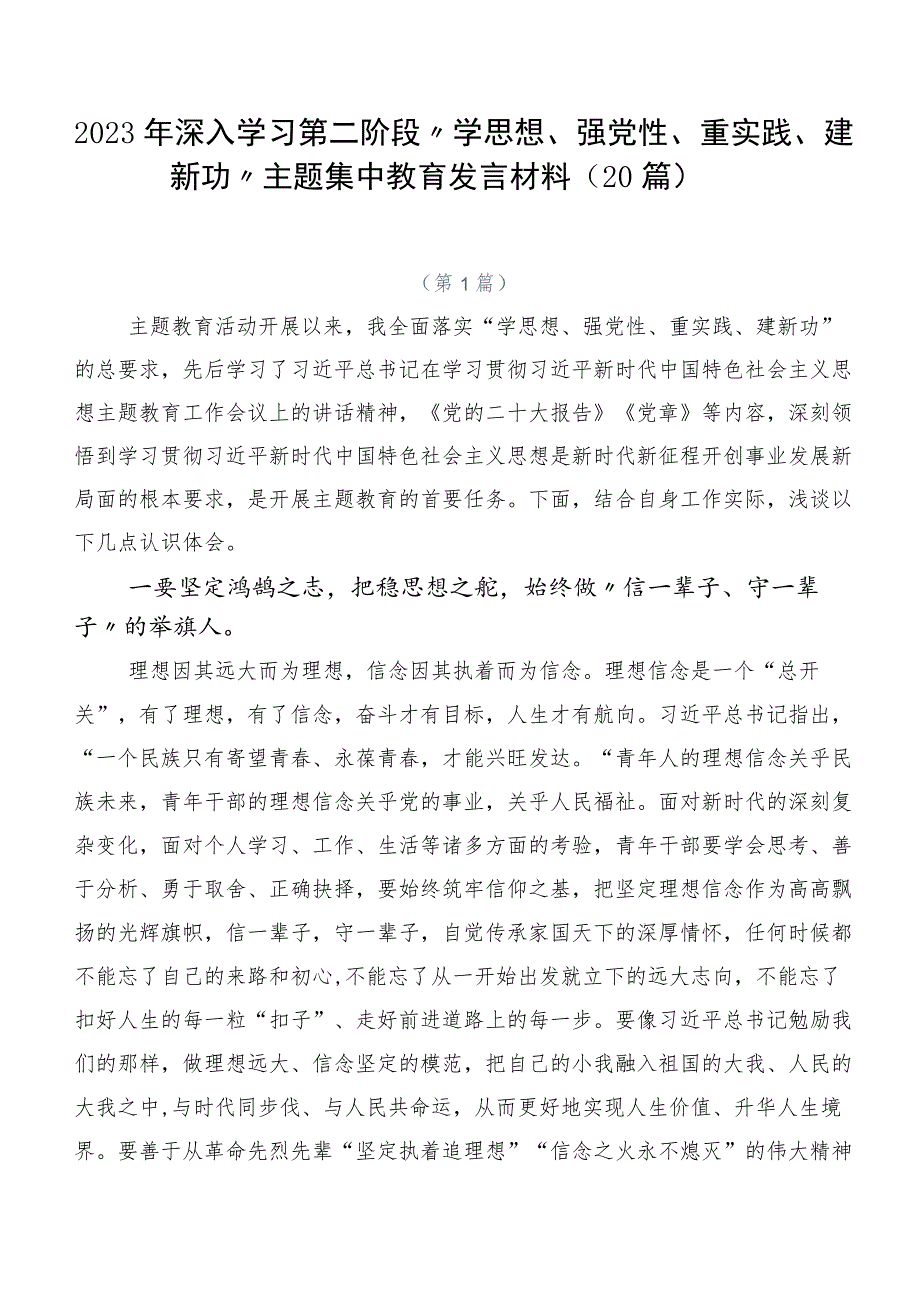 2023年深入学习第二阶段“学思想、强党性、重实践、建新功”主题集中教育发言材料（20篇）.docx_第1页