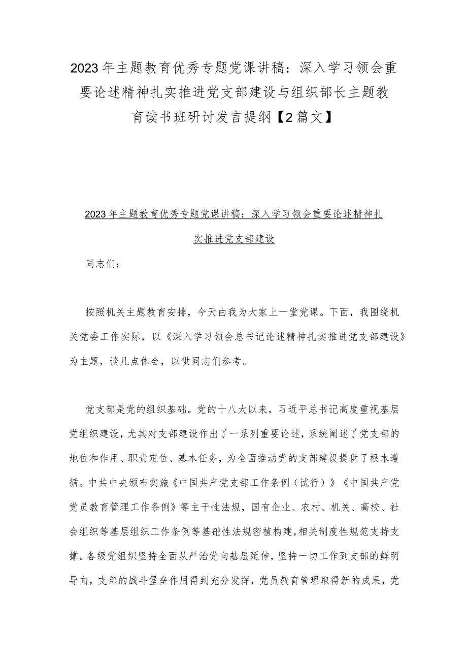 2023年主题教育优秀专题党课讲稿：深入学习领会重要论述精神扎实推进党支部建设与组织部长主题教育读书班研讨发言提纲【2篇文】.docx_第1页