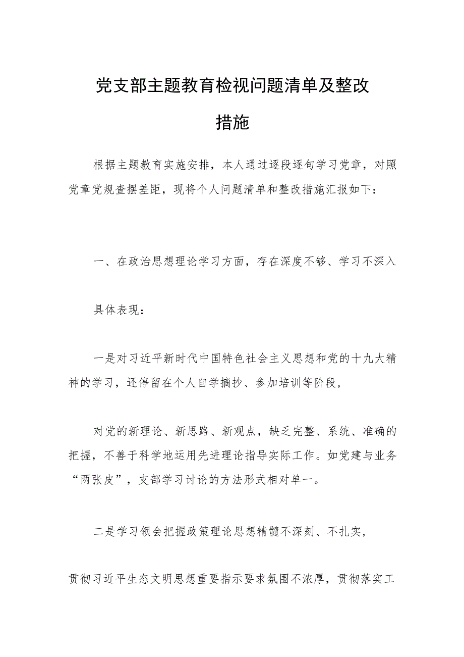 党支部主题教育检视问题清单及整改措施.docx_第1页