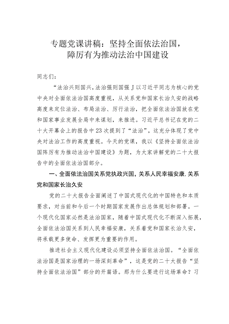 专题党课讲稿：坚持全面依法治国踔厉有为推动法治中国建设.docx_第1页