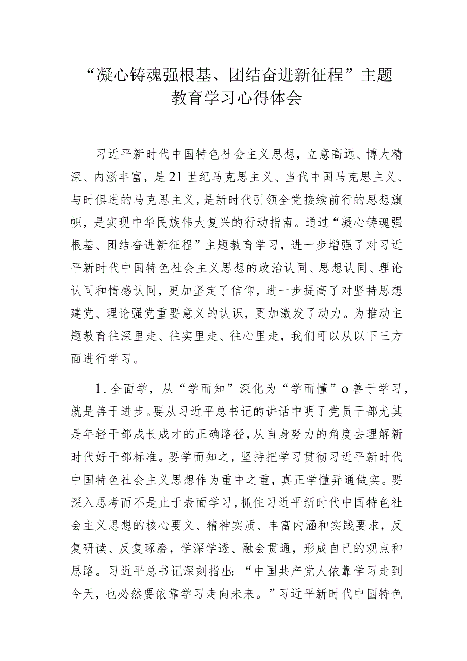 “凝心铸魂强根基、团结奋进新征程”主题教育学习心得体会.docx_第1页