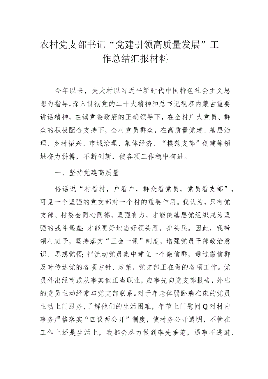 农村党支部书记“党建引领高质量发展”工作总结汇报材料.docx_第1页