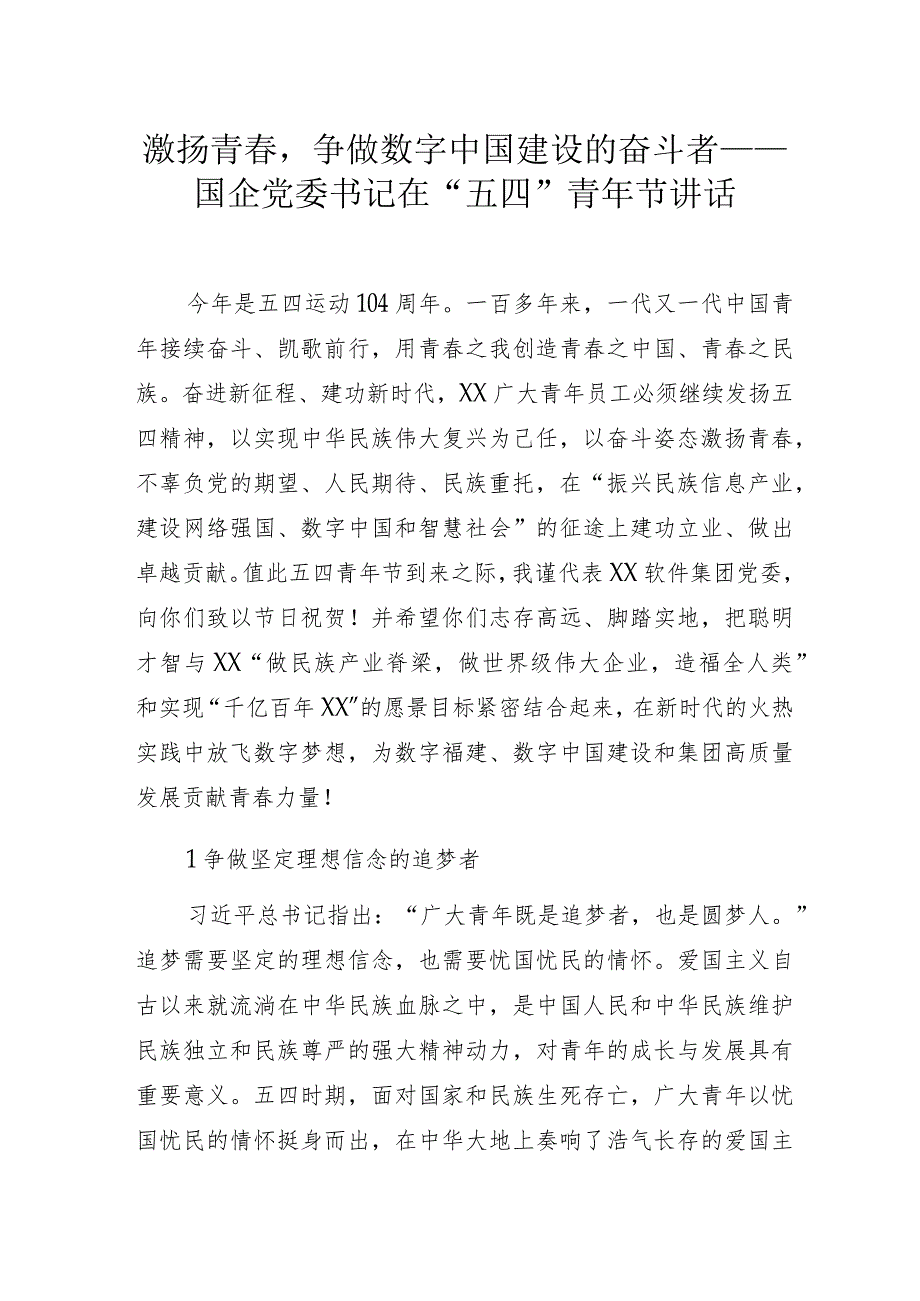 激扬青春争做数字中国建设的奋斗者——国企党委书记在“五四”青年节讲话.docx_第1页