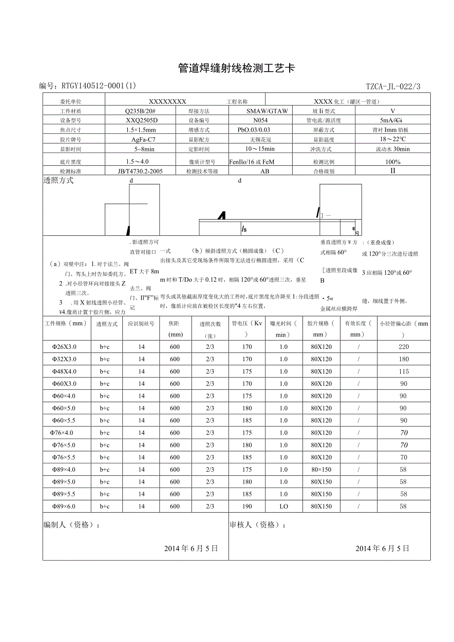 管道焊缝射线检测工艺卡.docx_第1页