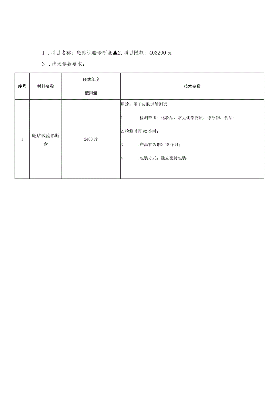 采购项目配置需求斑贴试验诊断盒▲项目限额403200元技术参数要求.docx_第1页