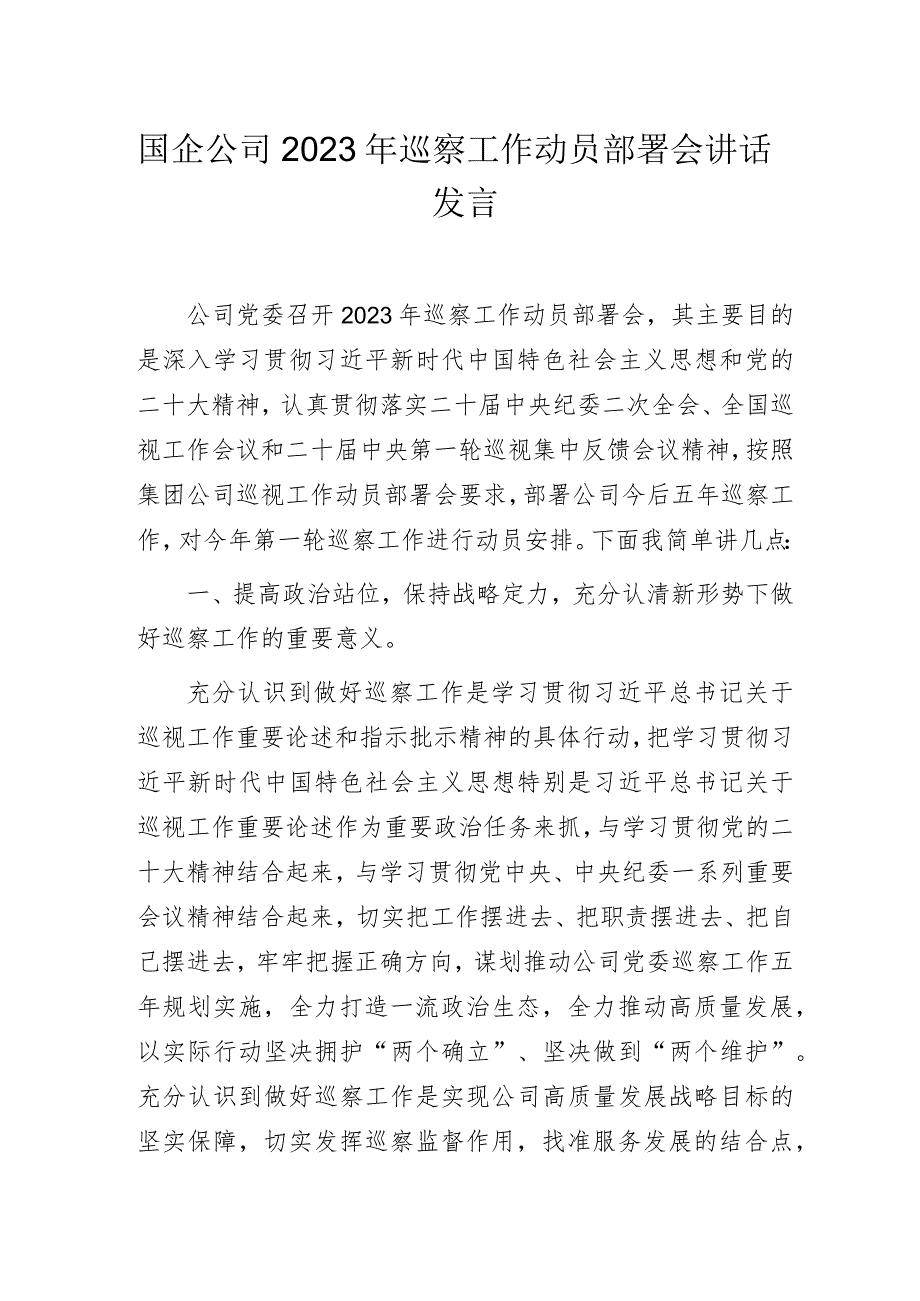 国企公司2023年巡察工作动员部署会讲话发言.docx_第1页