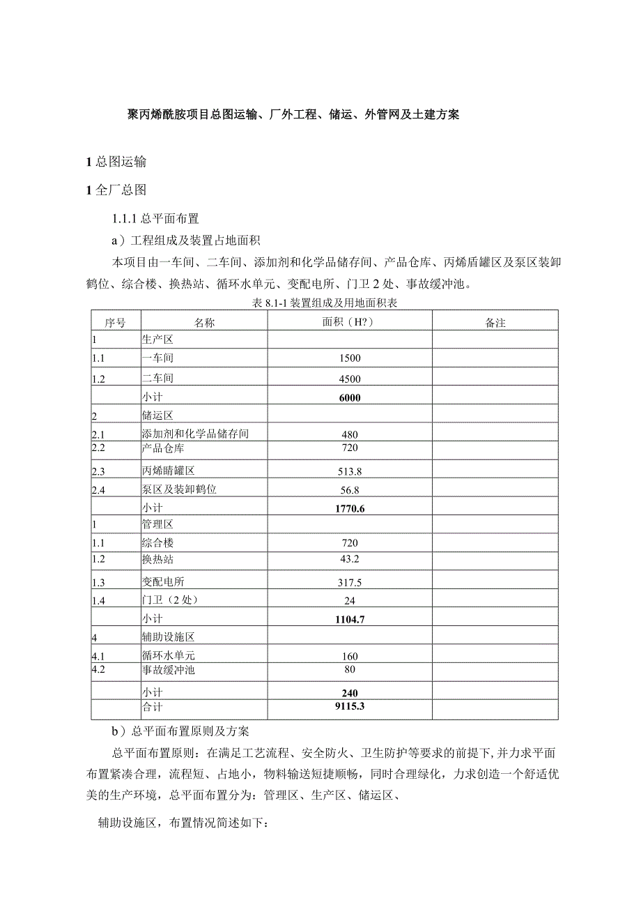 聚丙烯酰胺项目总图运输、厂外工程、储运、外管网及土建方案.docx_第1页