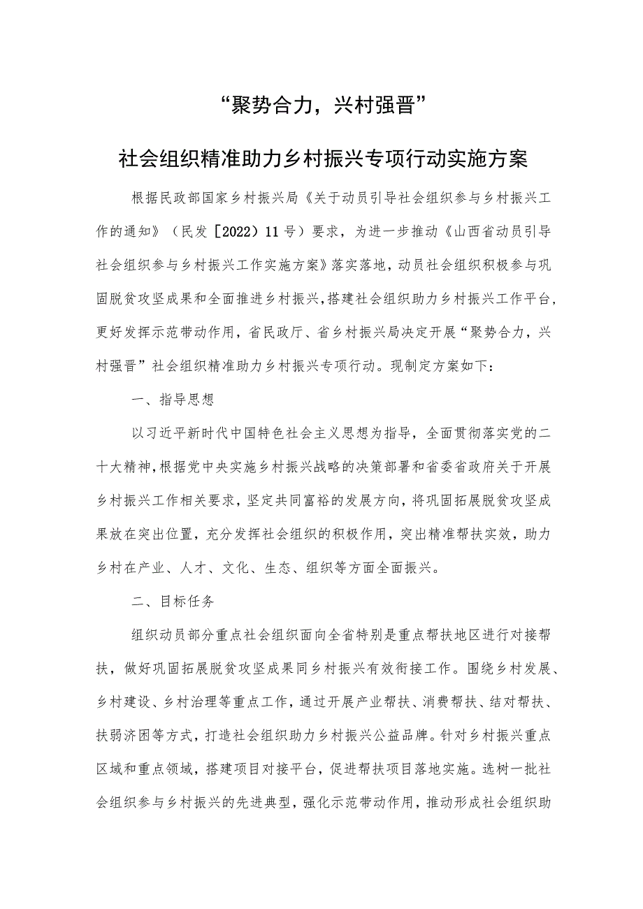 “聚势合力兴村强晋”社会组织精准助力乡村振兴专项行动实施方案.docx_第1页