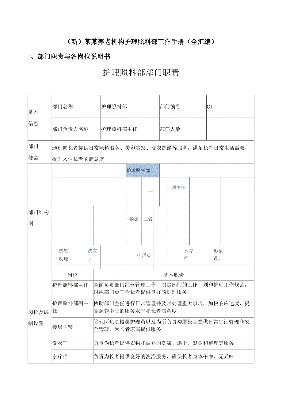 (新)某某养老机构护理照料部工作手册(全汇编).docx_第1页