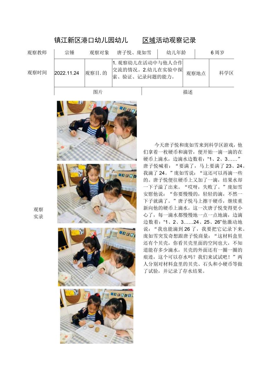 镇江新区港口幼儿园幼儿区域活动观察记录.docx_第1页