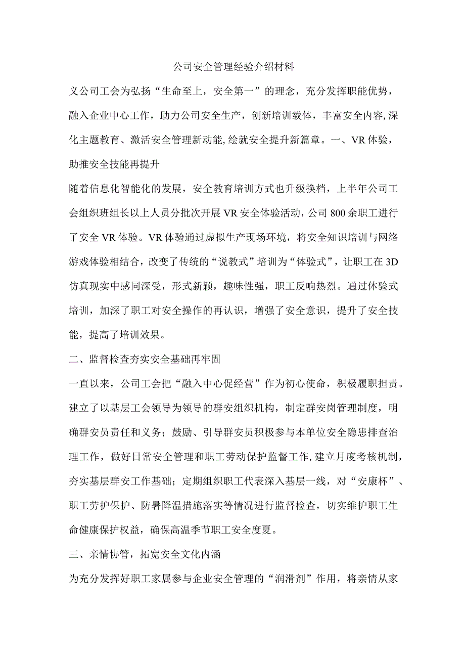 公司安全管理经验介绍材料.docx_第1页