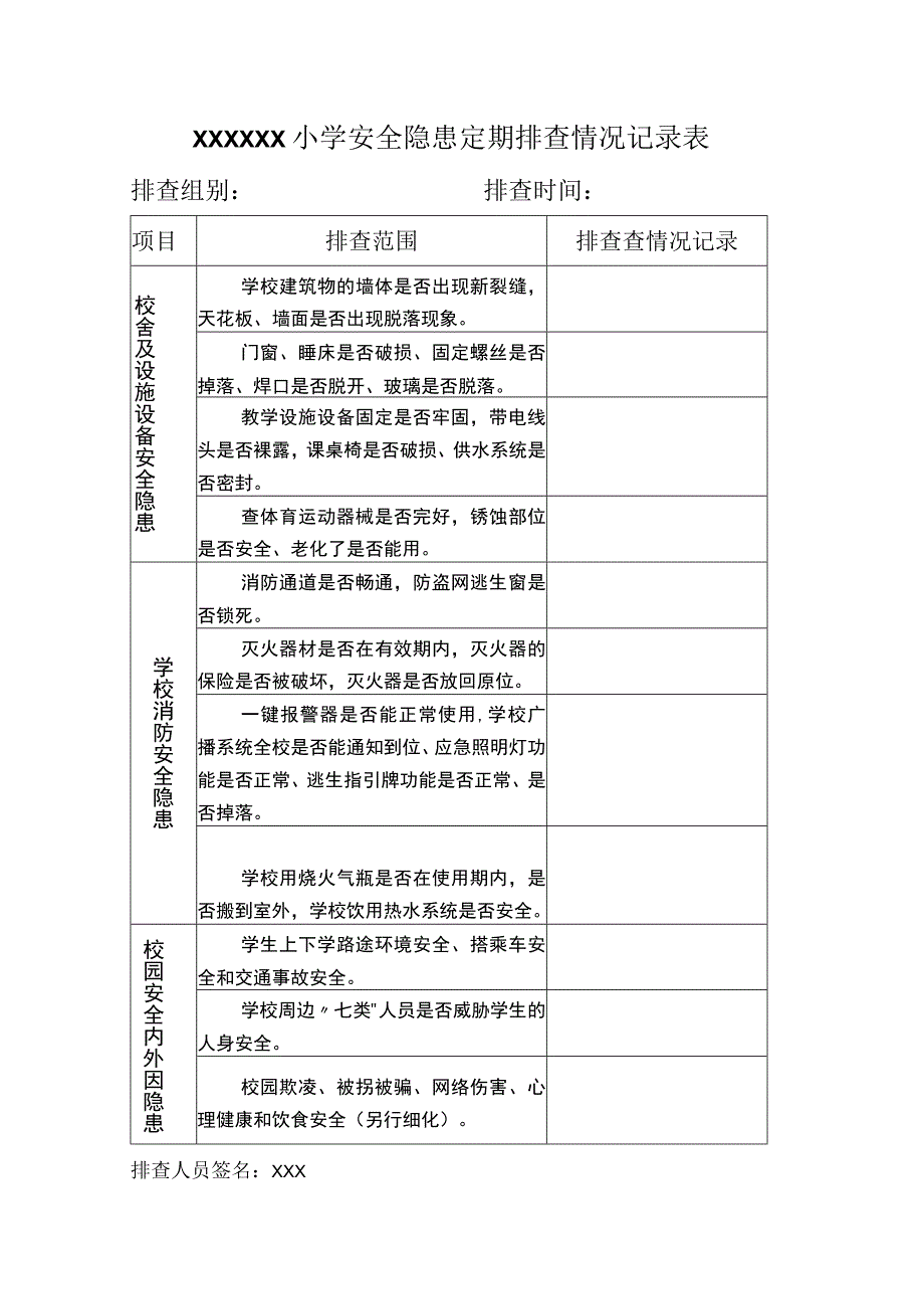 (新)XX小学安全隐患定期排查情况记录表.docx_第1页