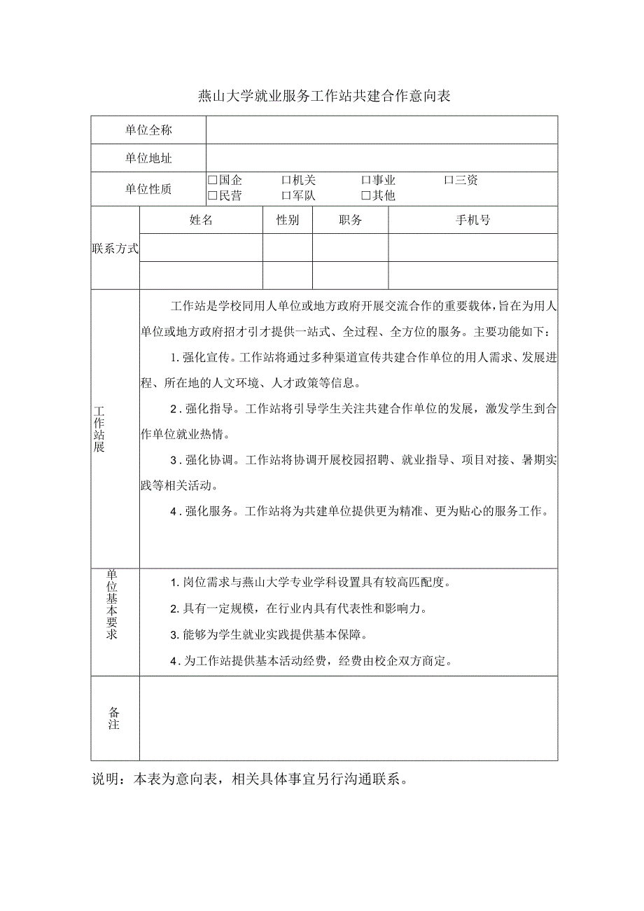 燕山大学就业服务工作站共建合作意向表.docx_第1页