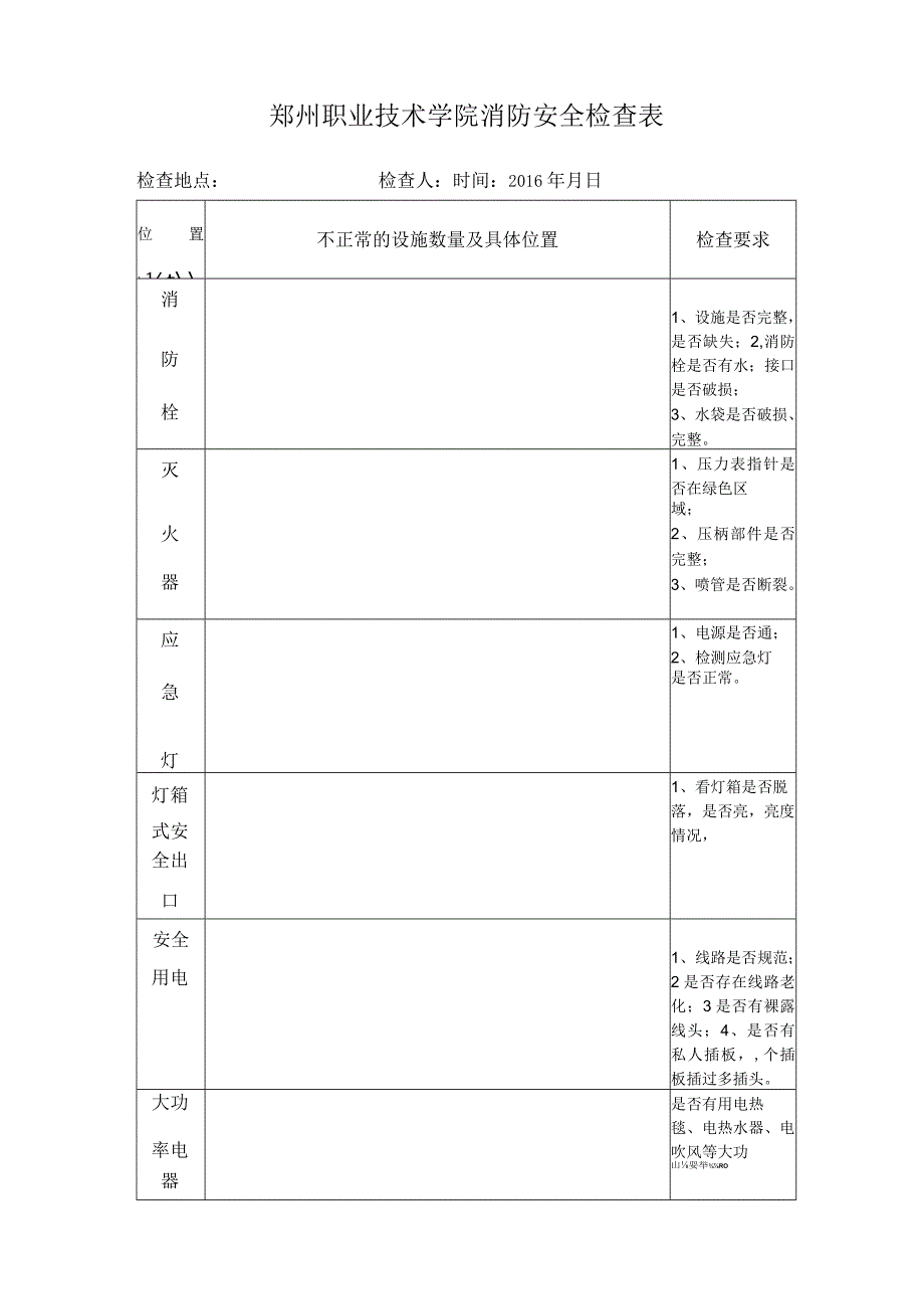 郑州职业技术学院消防安全检查表.docx_第1页