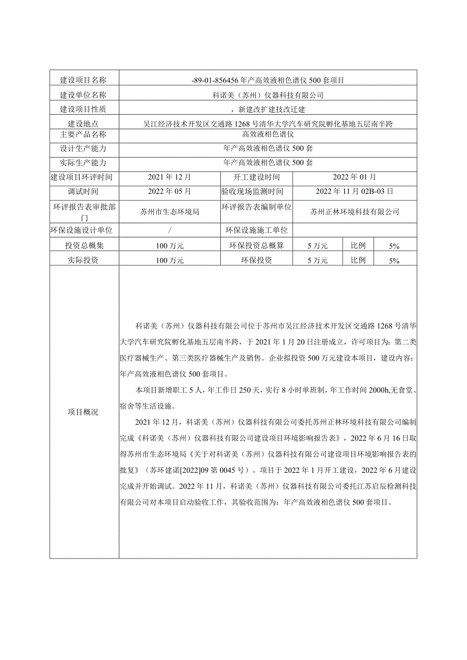 科诺美苏州仪器科技有限公司年产高效液相色谱仪500套项目竣工环境保护验收监测报告表.docx_第3页