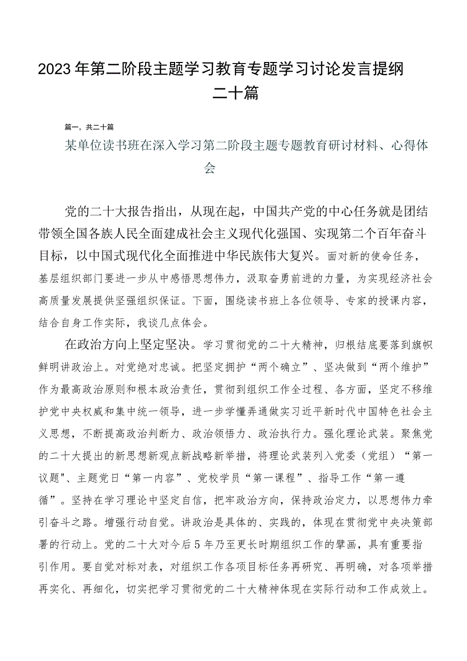 2023年第二阶段主题学习教育专题学习讨论发言提纲二十篇.docx_第1页