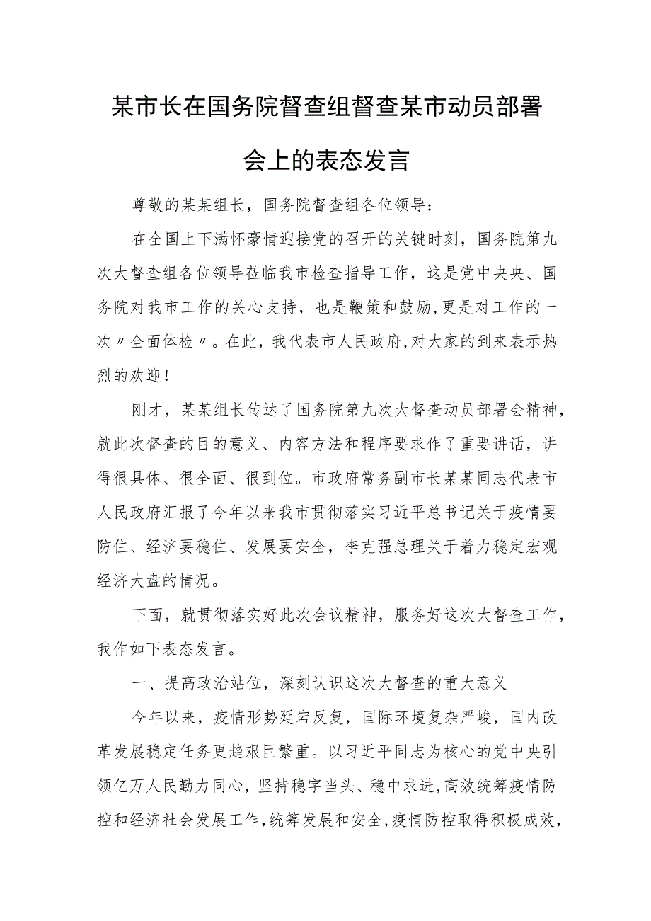 某市长在国务院督查组督查某市动员部署会上的表态发言.docx_第1页