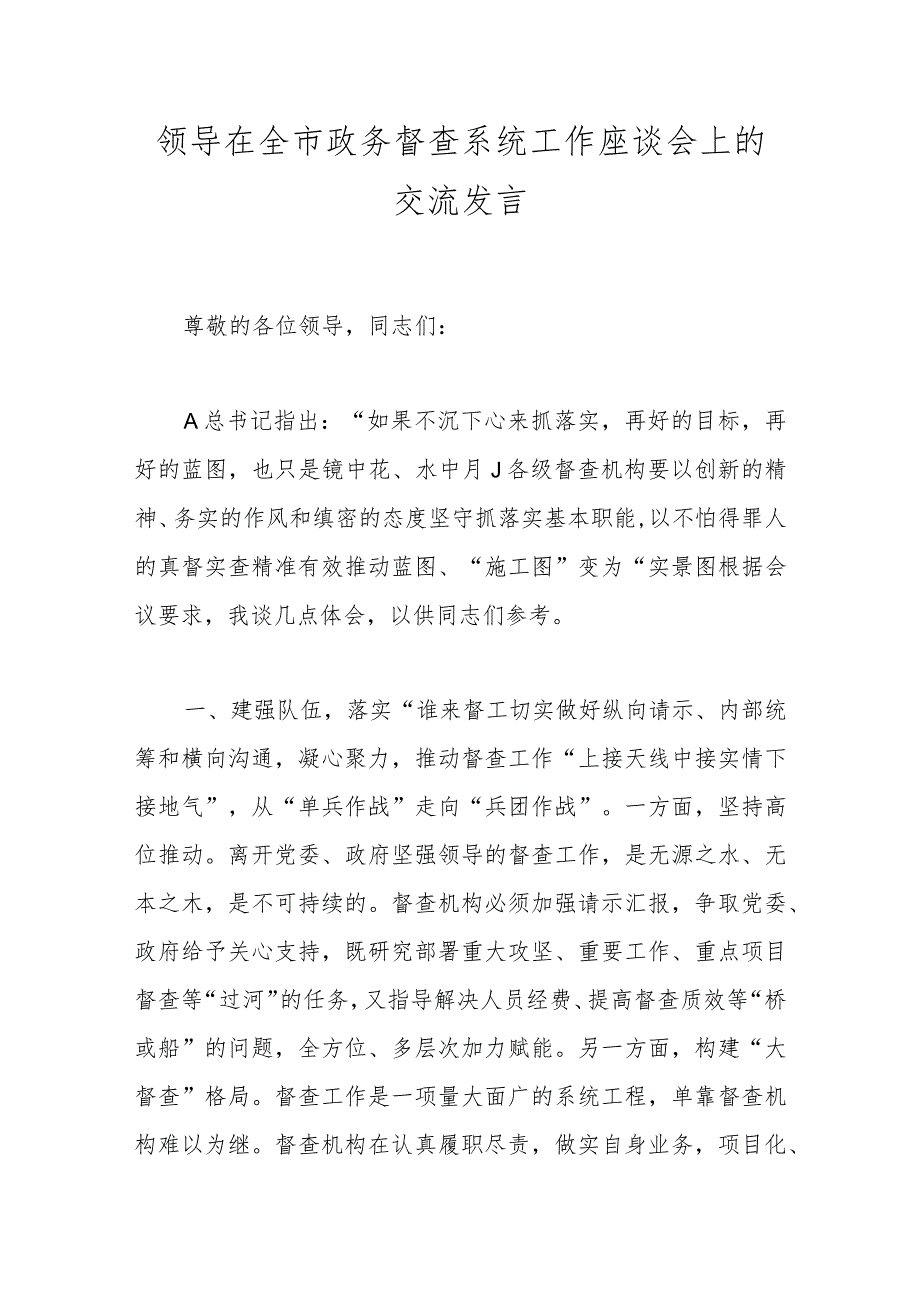 领导在全市政务督查系统工作座谈会上的交流发言.docx_第1页