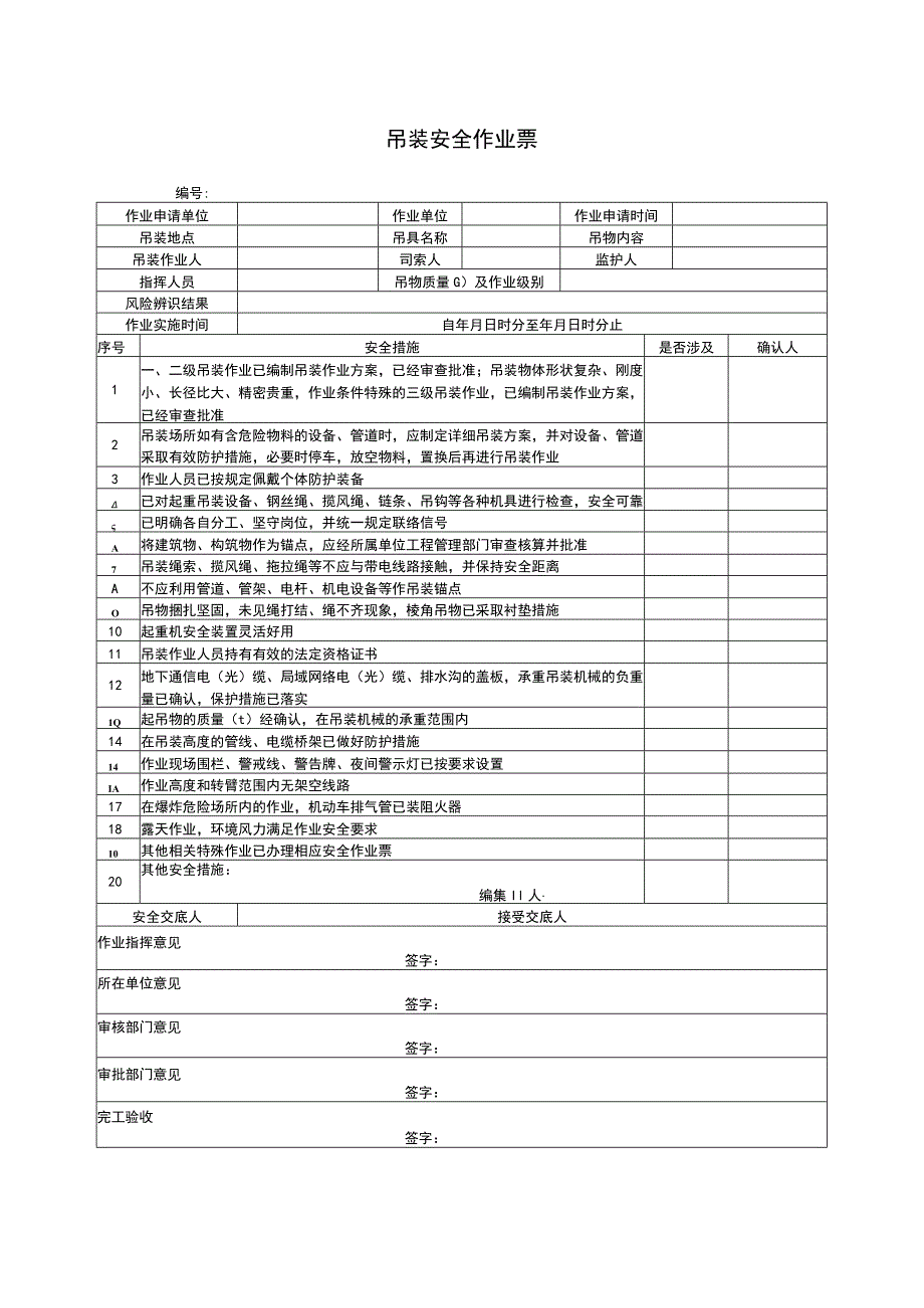 吊装安全作业票精编版表格.docx_第1页