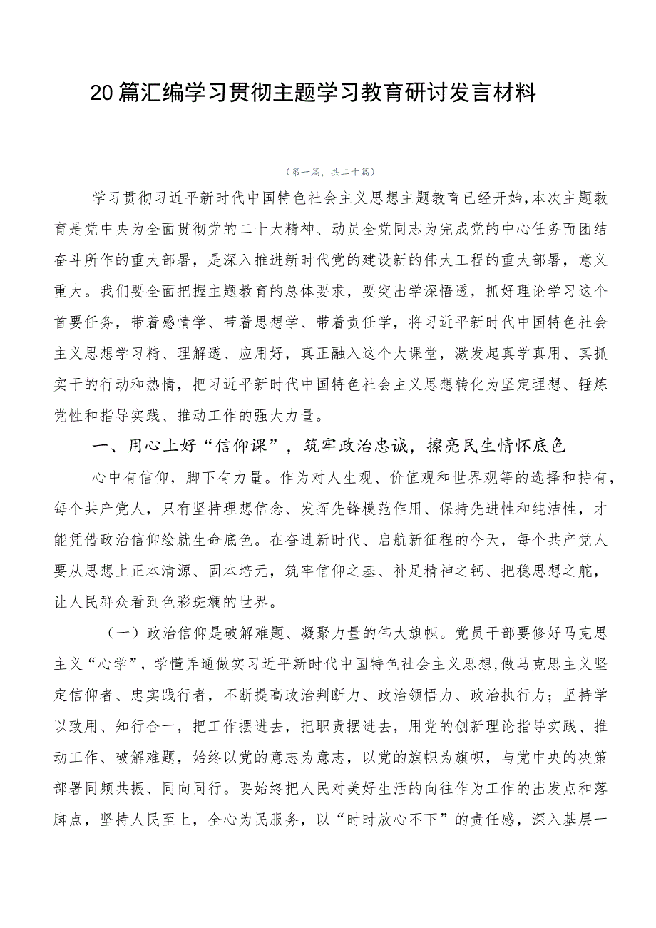 20篇汇编学习贯彻主题学习教育研讨发言材料.docx_第1页