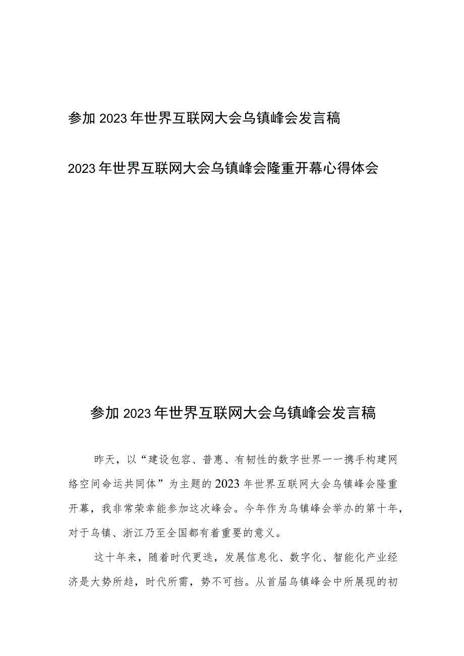 参加2023年世界互联网大会乌镇峰会发言稿心得体会2篇.docx_第1页