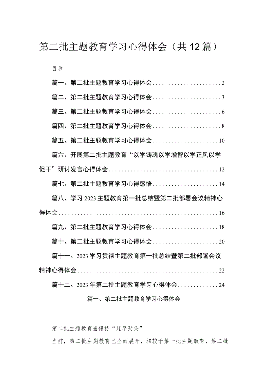 2023第二批主题教育学习心得体会【12篇精选】供参考.docx_第1页