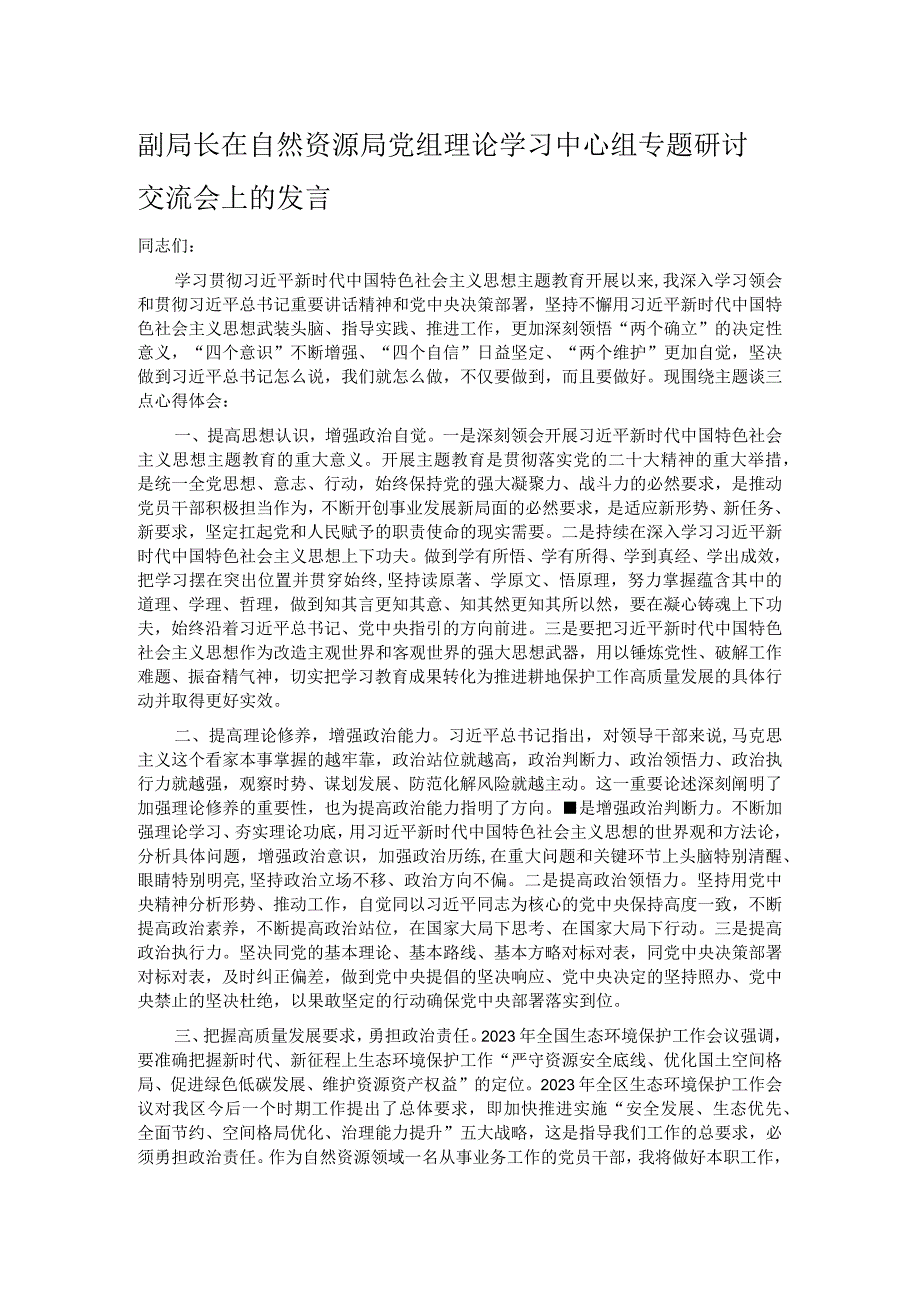 副局长在自然资源局党组理论学习中心组专题研讨交流会上的发言.docx_第1页