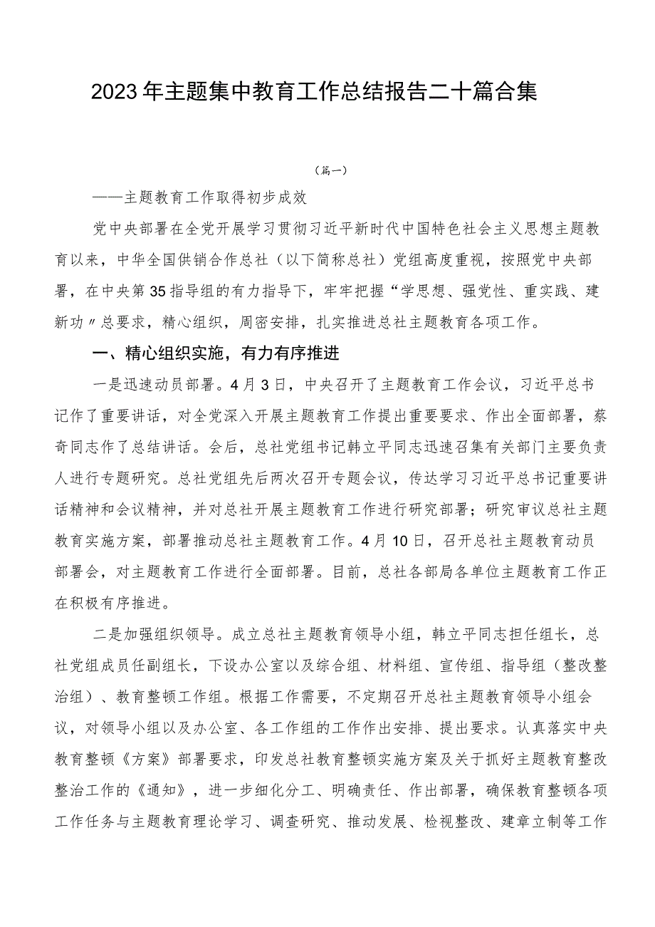 2023年主题集中教育工作总结报告二十篇合集.docx_第1页