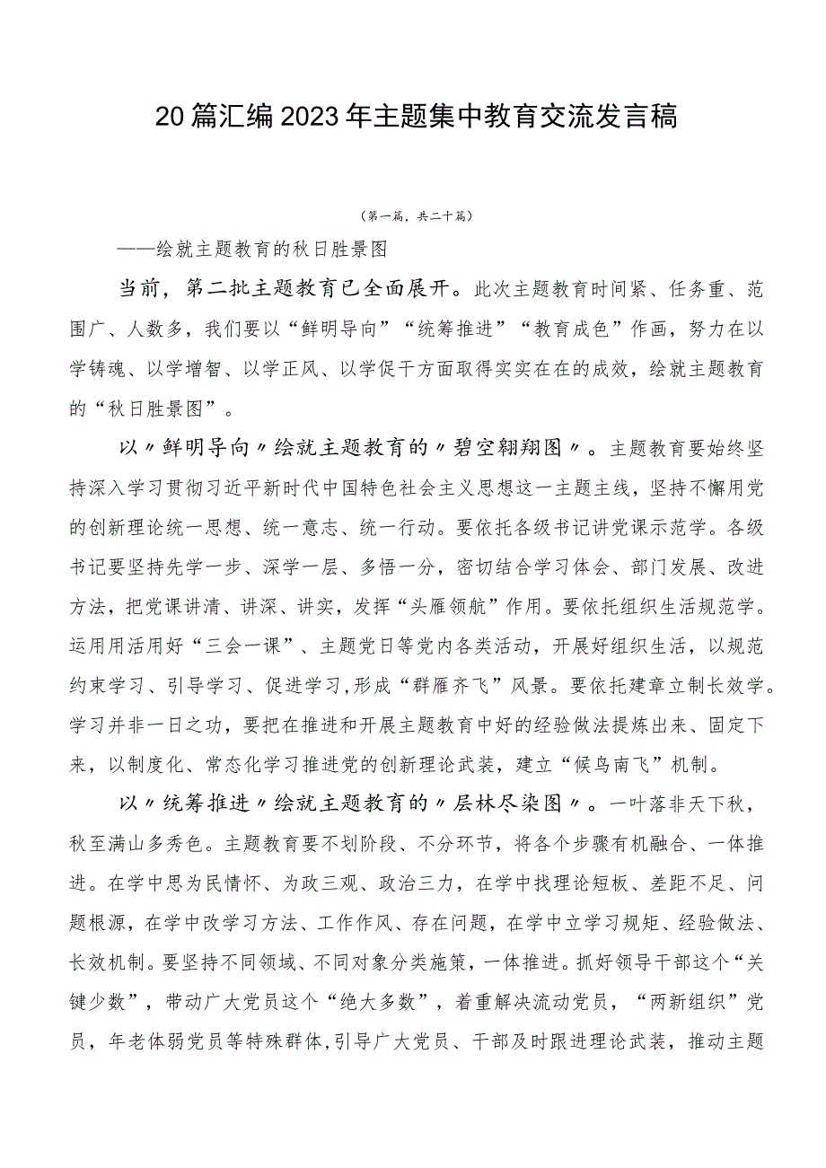 20篇汇编2023年主题集中教育交流发言稿.docx_第1页