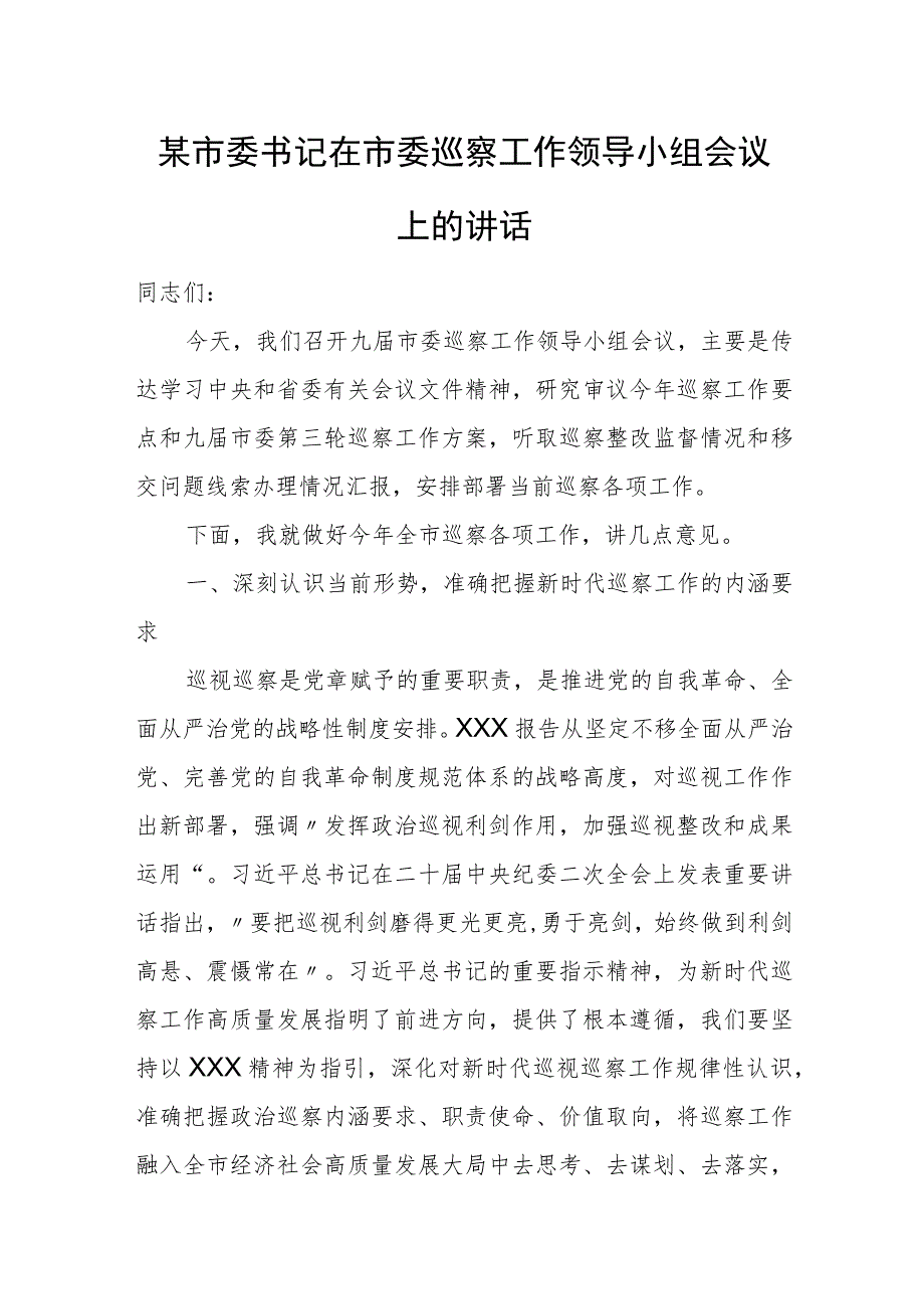 某市委书记在市委巡察工作领导小组会议上的讲话.docx_第1页