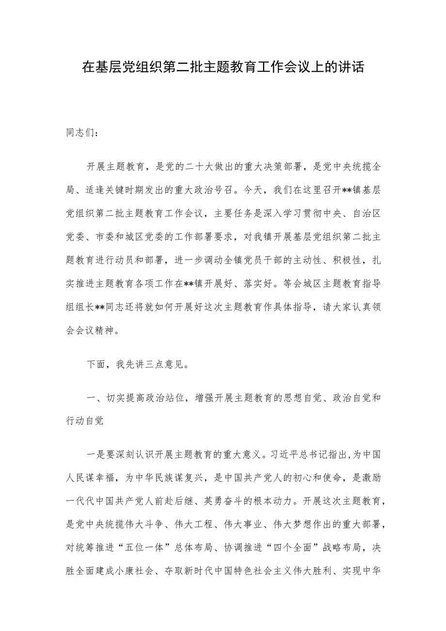 在基层党组织第二批主题教育工作会议上的讲话.docx_第1页