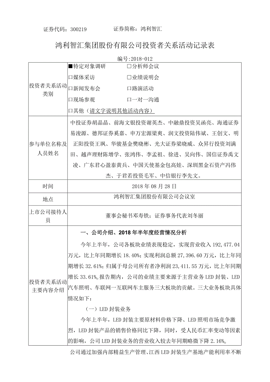 证券代码319证券简称鸿利智汇鸿利智汇集团股份有限公司投资者关系活动记录表.docx_第1页