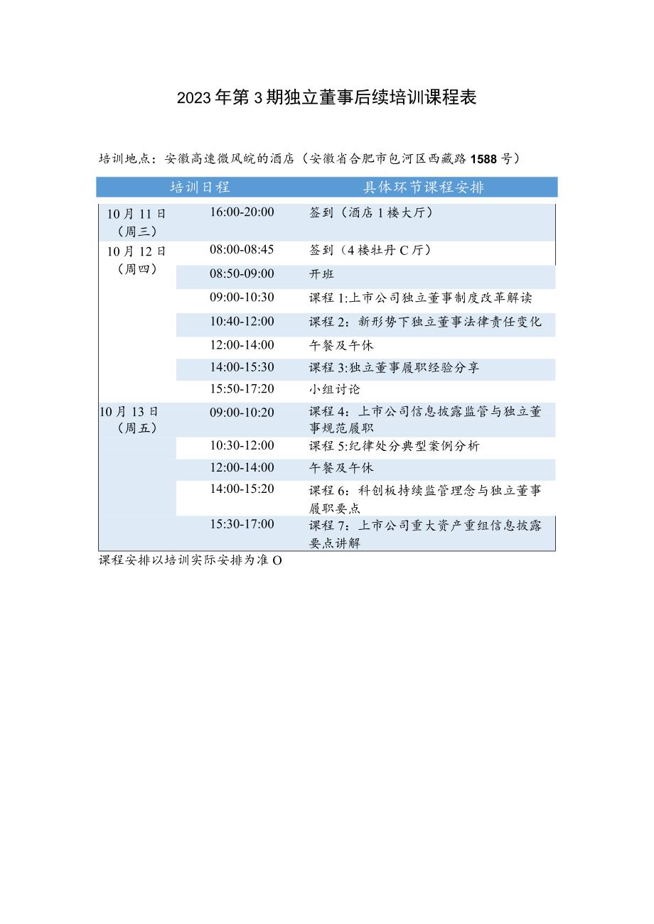 2023年第3期独立董事后续培训课程表.docx_第1页