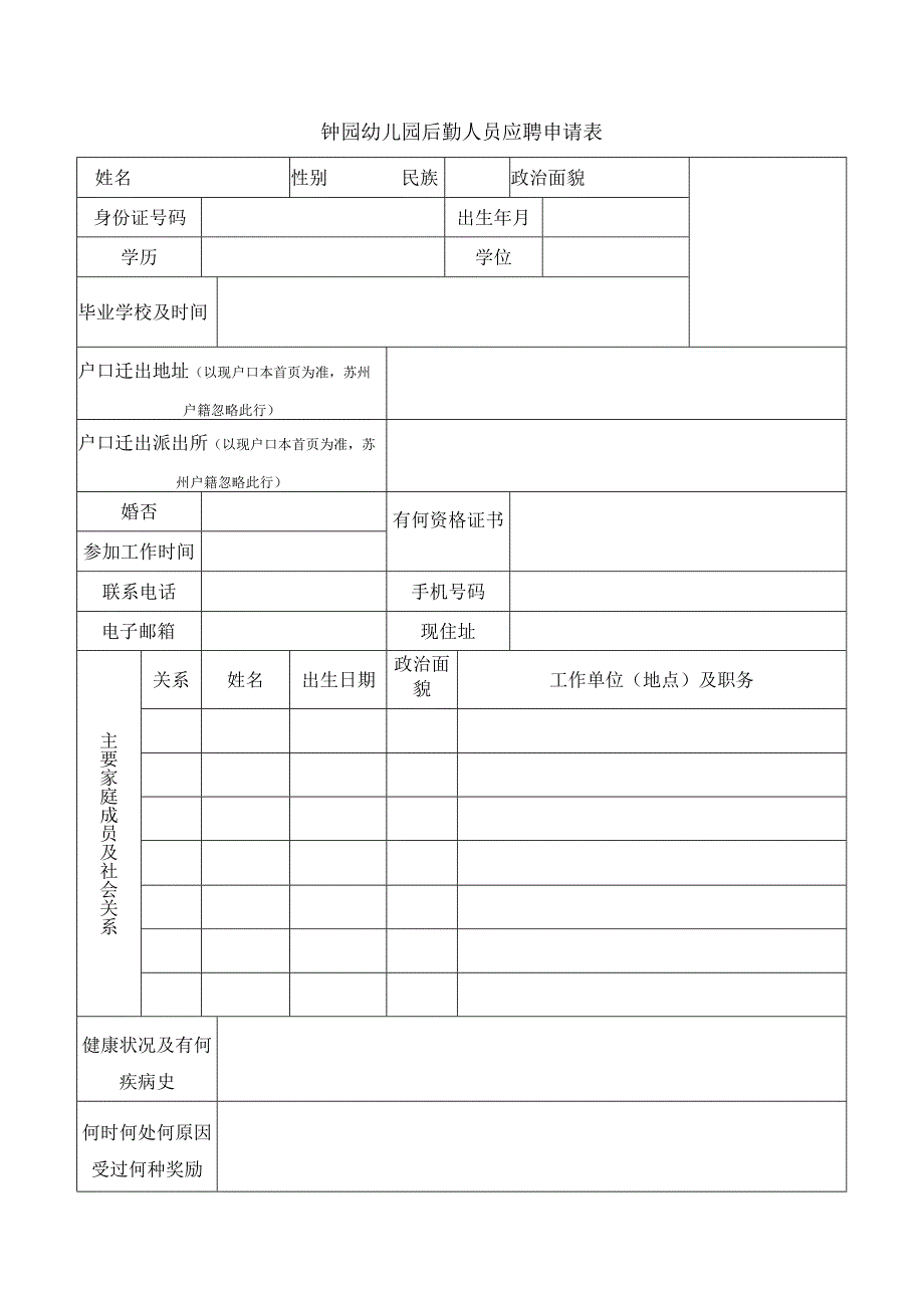 钟园幼儿园后勤人员应聘申请表.docx_第1页