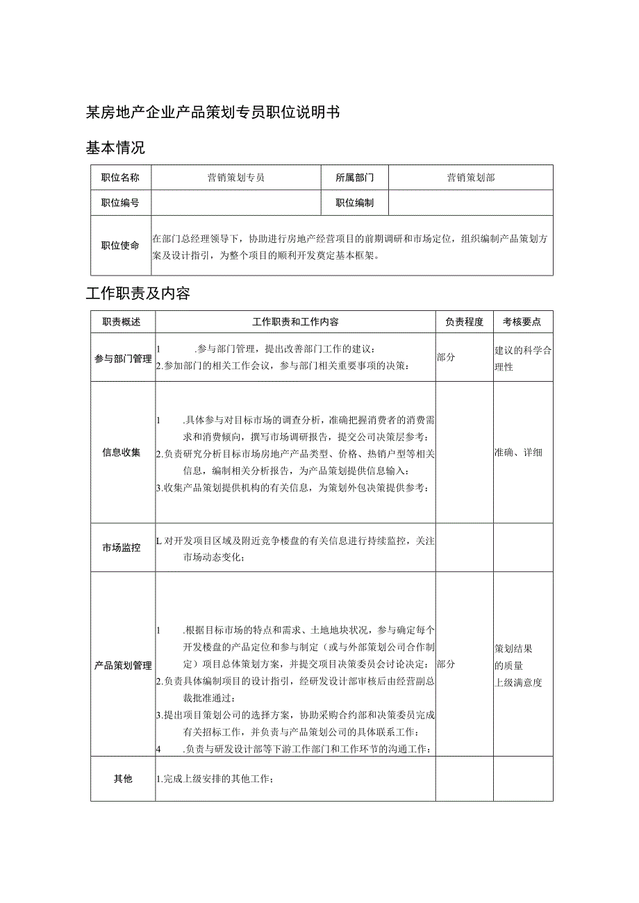 某房地产企业产品策划专员职位说明书.docx_第1页