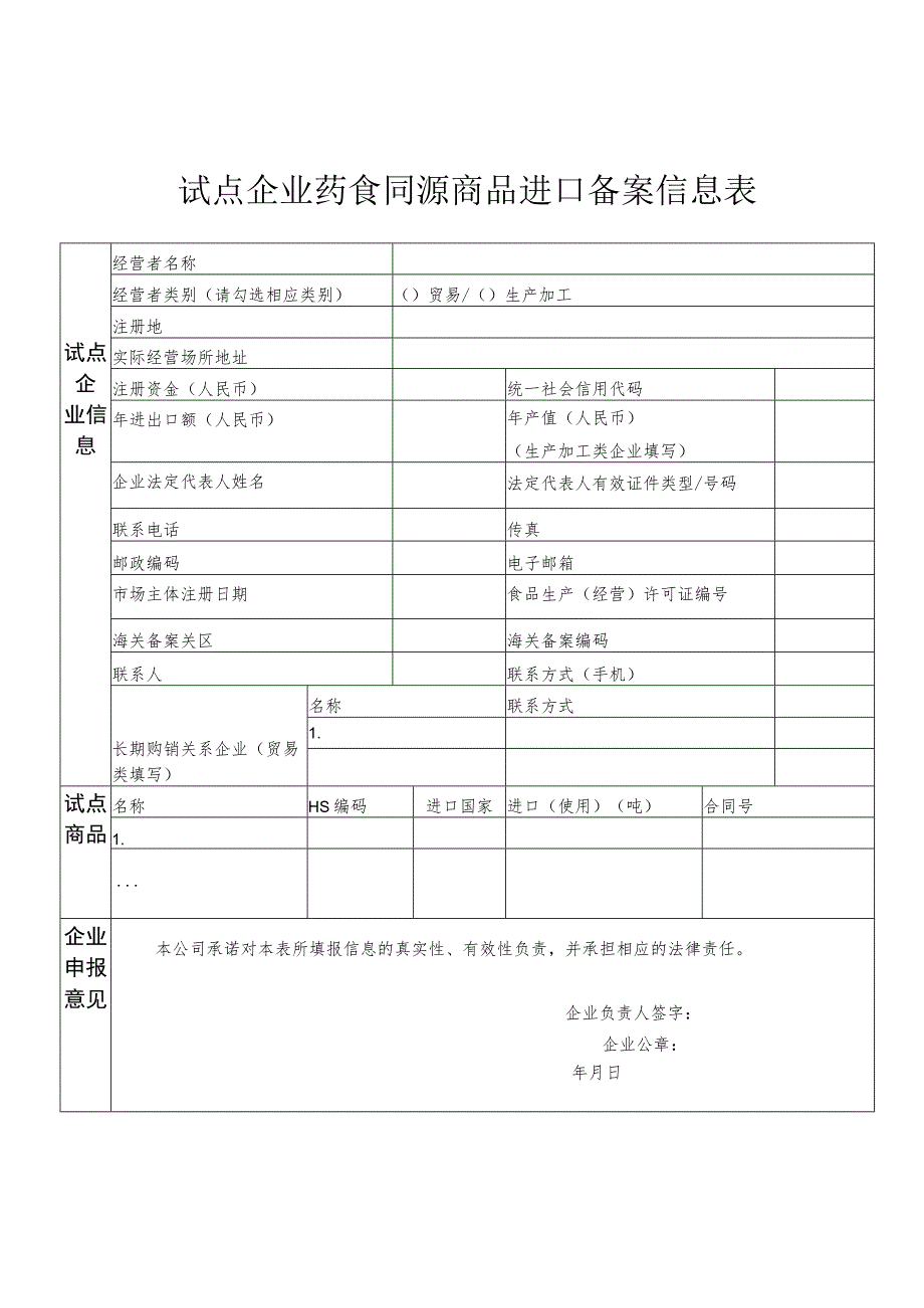 试点企业药食同源商品进口备案信息表.docx_第1页