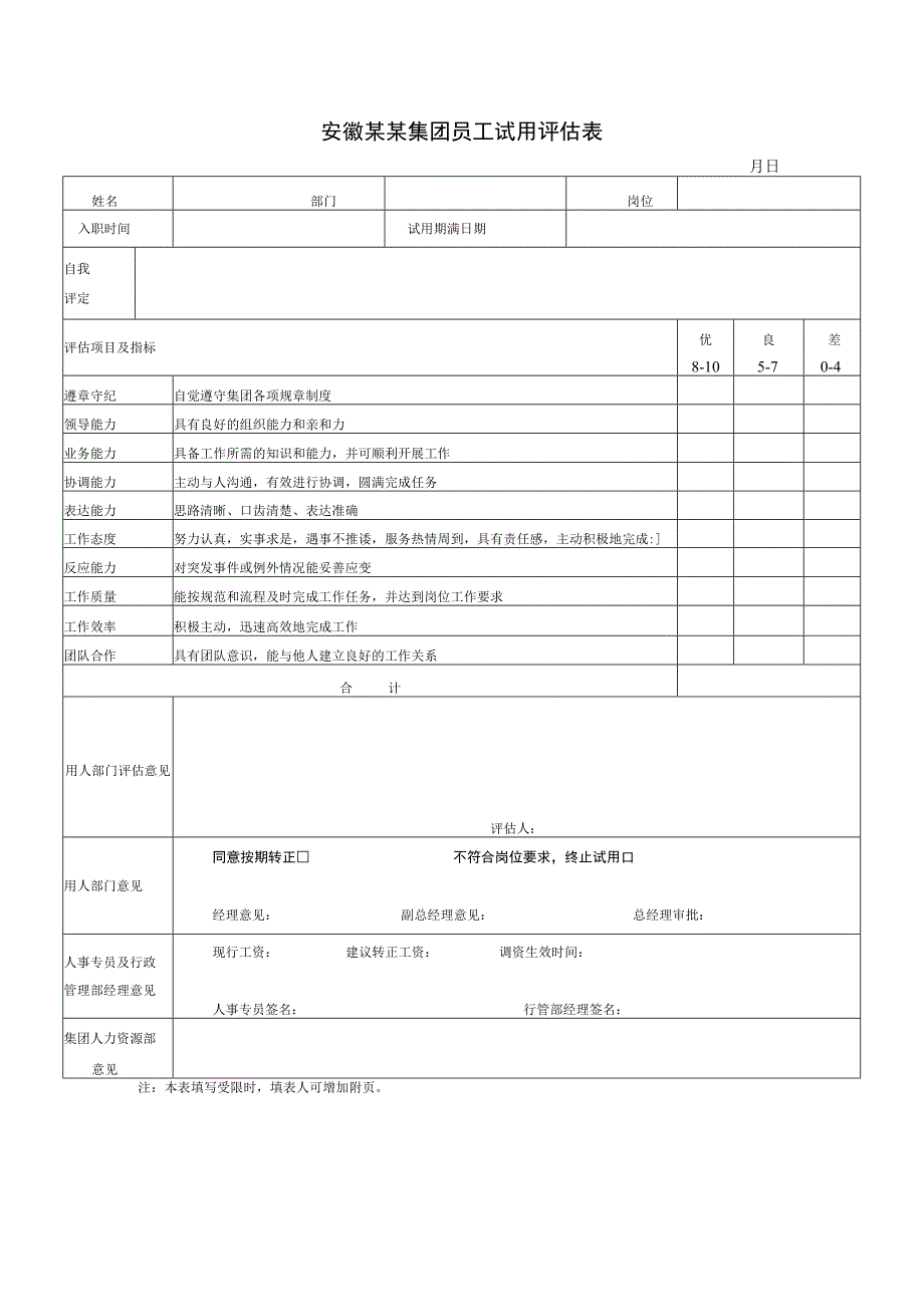 安徽某某集团员工试用评估表.docx_第1页