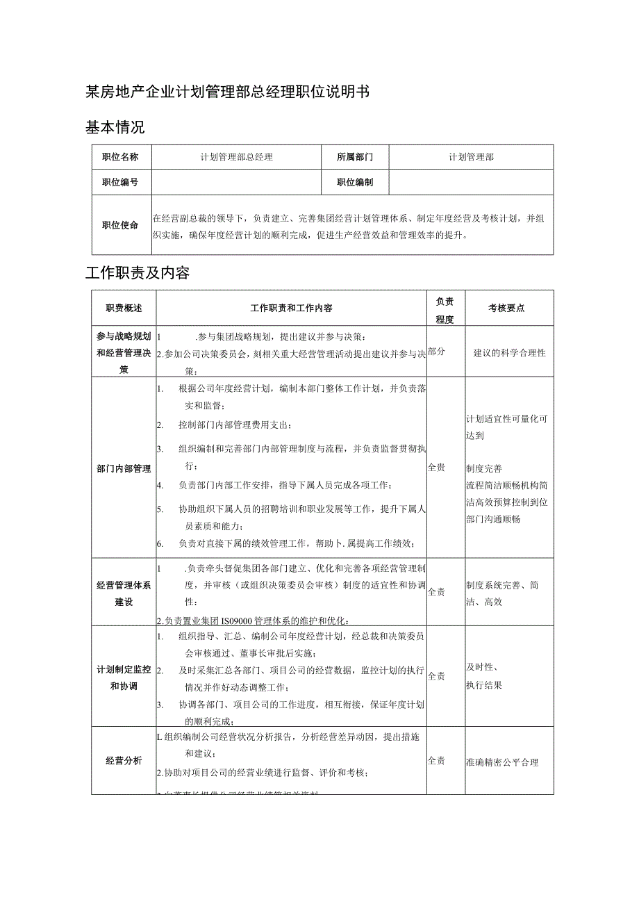 某房地产企业计划管理部总经理职位说明书.docx_第1页