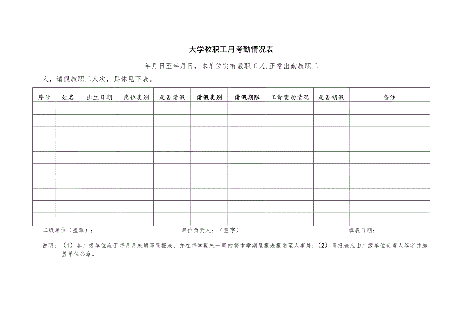 大学教职工月考勤情况表.docx_第1页